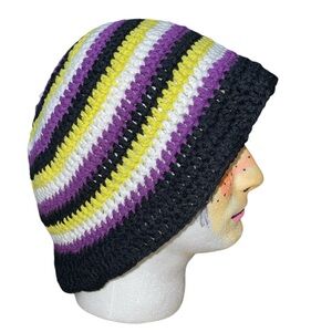Crochet Stripe Bucket Hat Adult XL Cotton Purple Black Yellow handmade gift idea